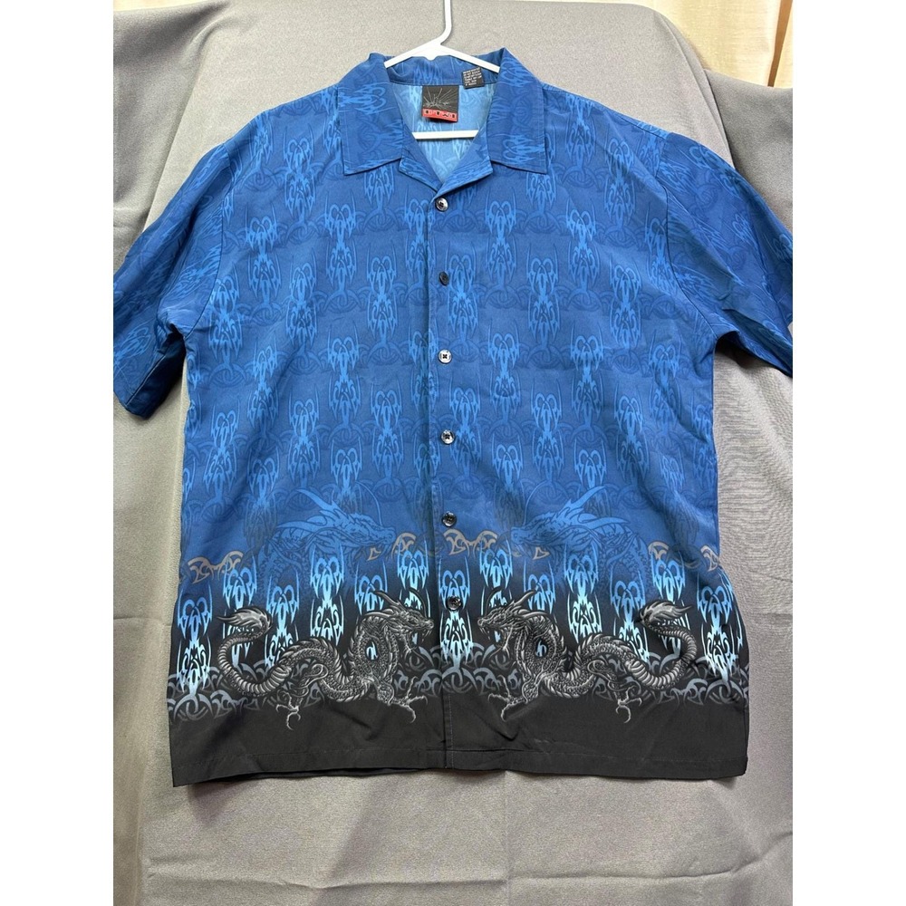 Men's C-TWO Short Sleeve Button Down Shirt with Tribal Flame Dragon Pattern XL